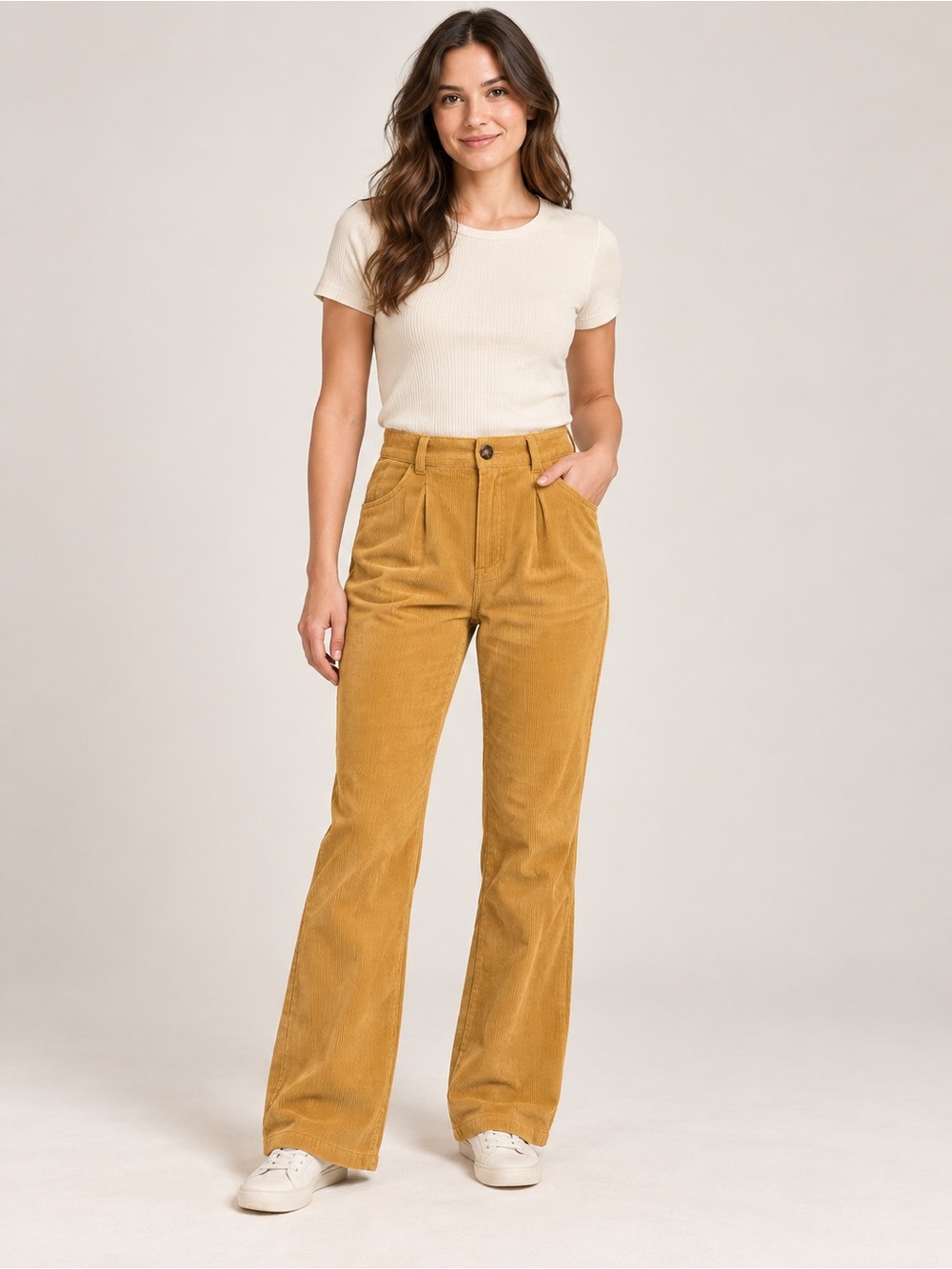 High-Waist Corduroy Wide-Leg Pants in Mustard
